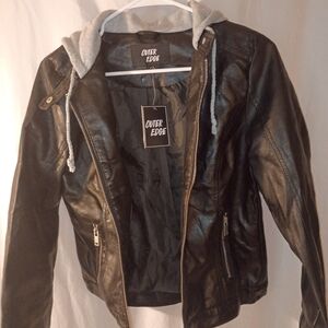 Outer Edge Black Leather Jacket with Gray Hood